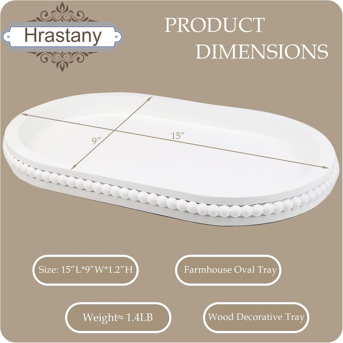 Hrastany White Oval Wood Coffee Table Serving Tray with Beads for Ottoman