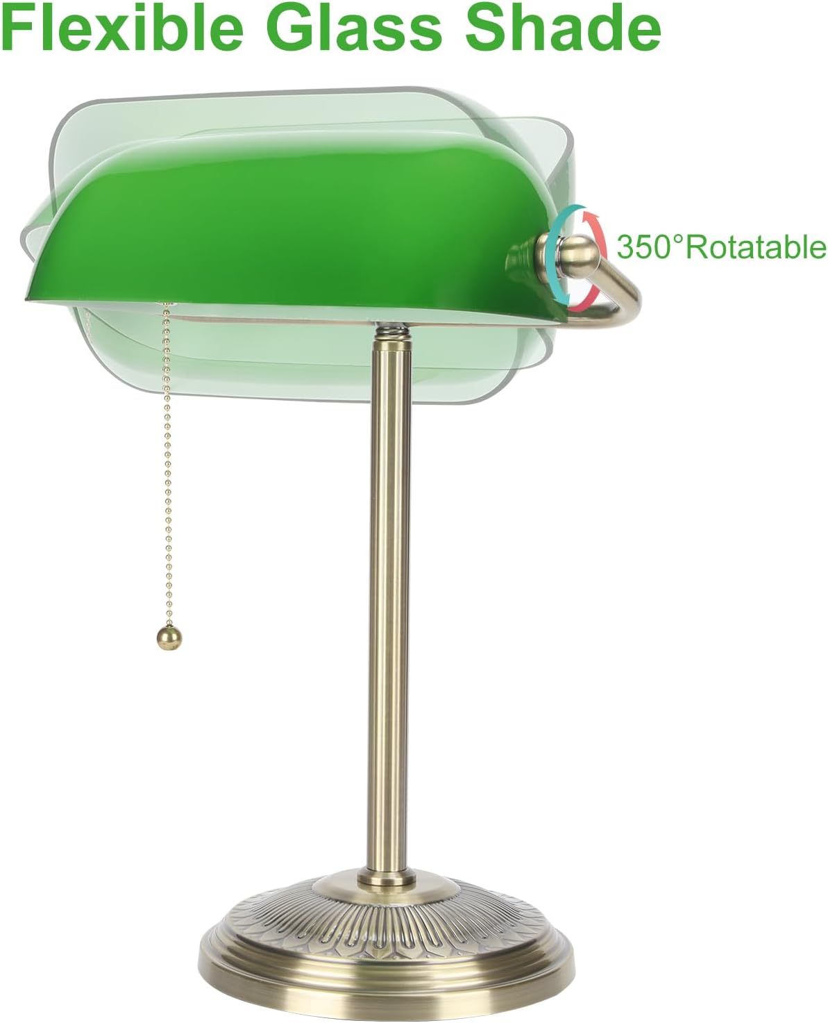 Bankers Lamp, Brass Finish with Pull Switch, Green Glass Shade
