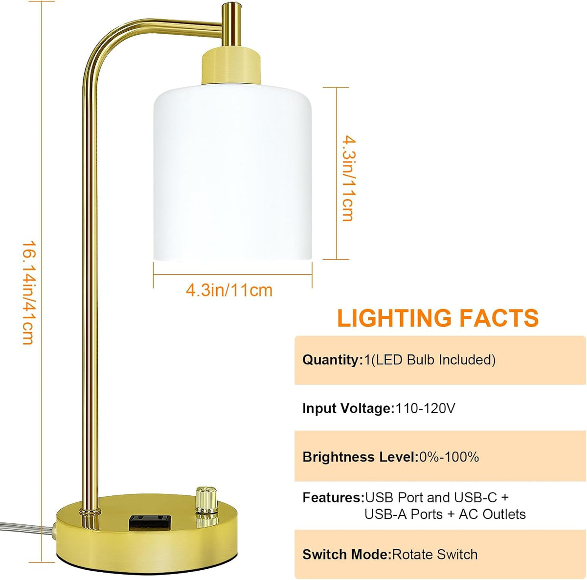 Industrial Table Lamp, Stepless Dimmable Gold Desk Lamp with 2 USB Ports and ...