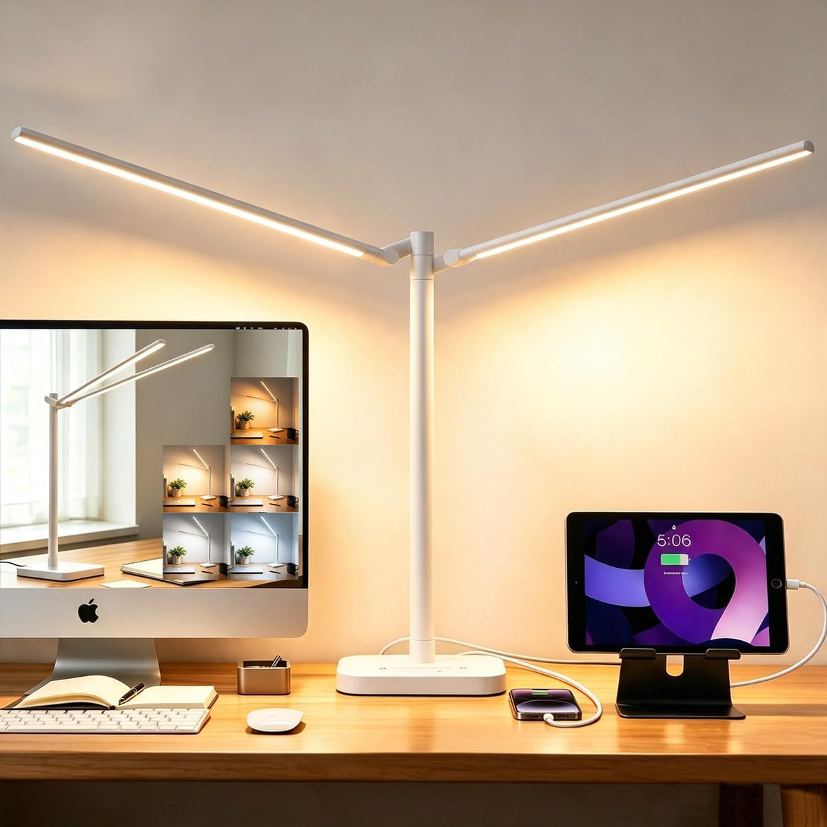 Desk Lamp for Office Home Dual Head 24W Swing Arm Reading Table Lamp White