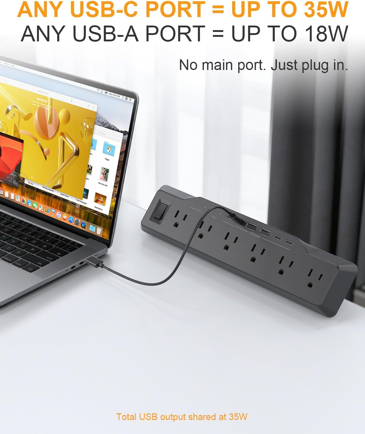 Desk Clamp Power Strip Surge Protector, 6 Outlets, Flat Plug, 1800J, 4 USB-C ...