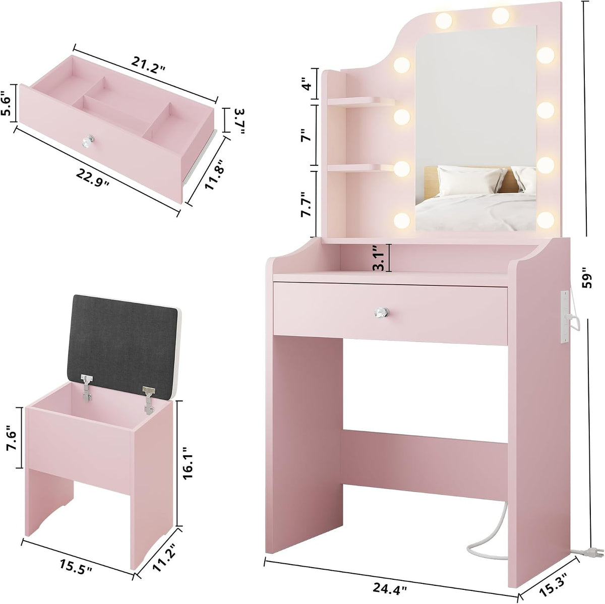 LIKIMIO Small Vanity Desk with Mirror Lights and Storage Stool, Pink
