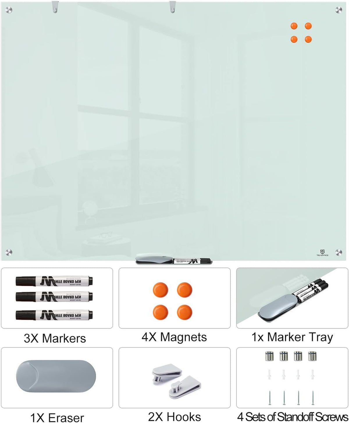 TSJ OFFICE White Board for Wall - 48" x 36" White Glass Board 4 X 3 FT