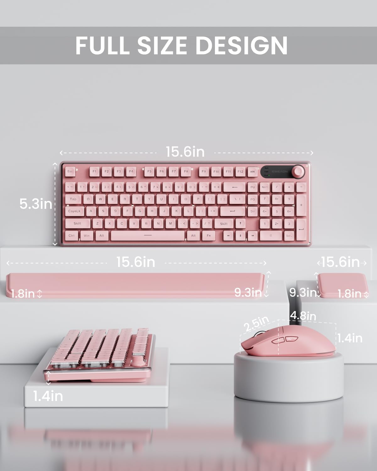EWEADN V98 Wireless Keyboard and Mouse Combo with Dual Wrist Rest, Pink