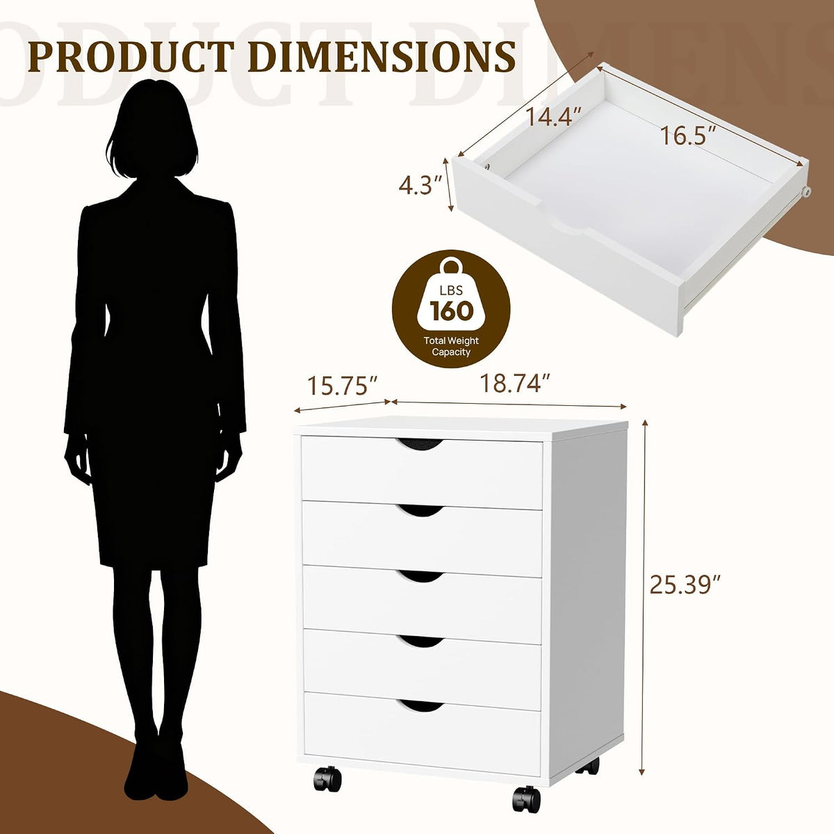 5 Drawer File Cabinet with Wheels, Rolling Printer Stand with Storage