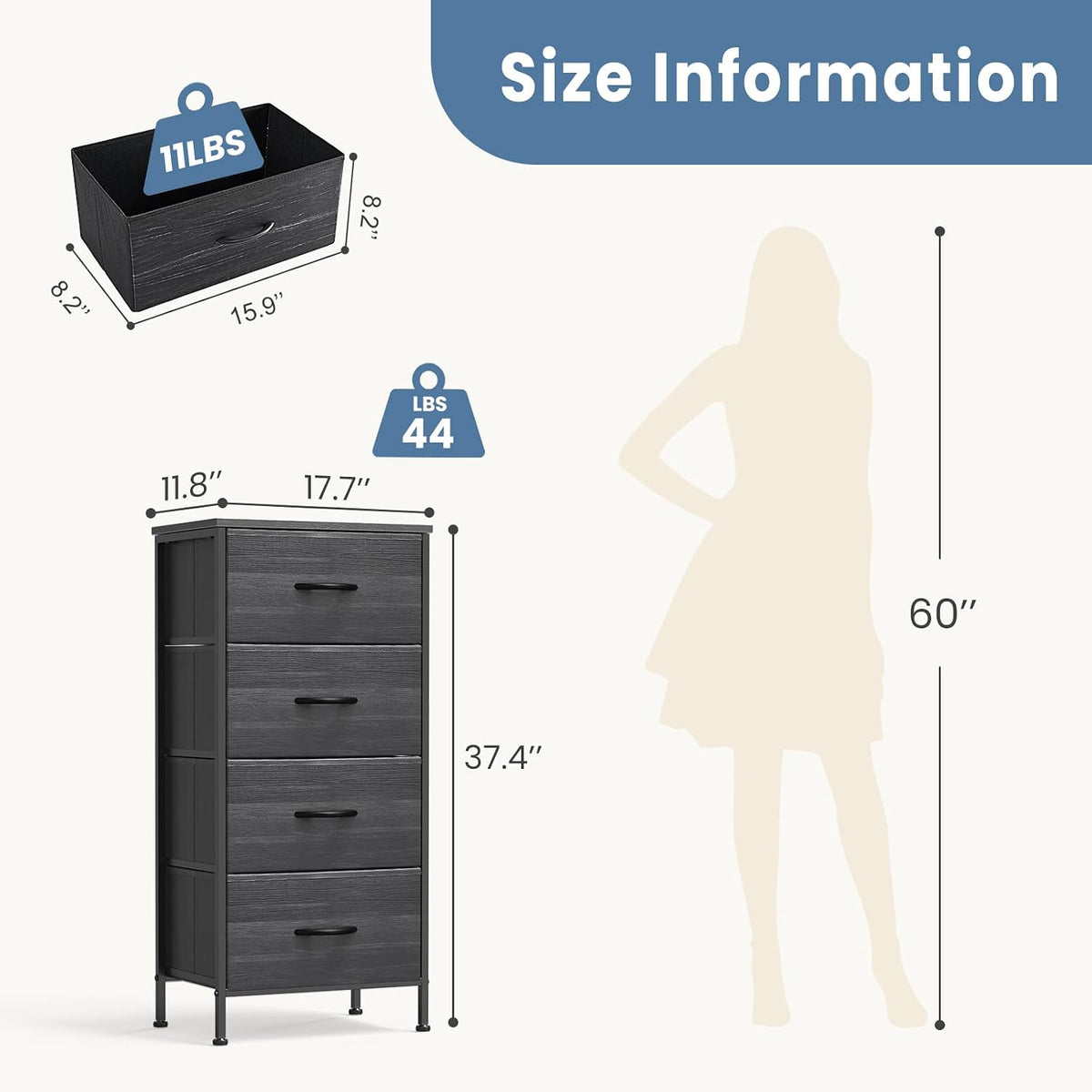 DUMOS Nightstand with 4 Drawers Bedside Table with Removable Fabric Bins Stur...