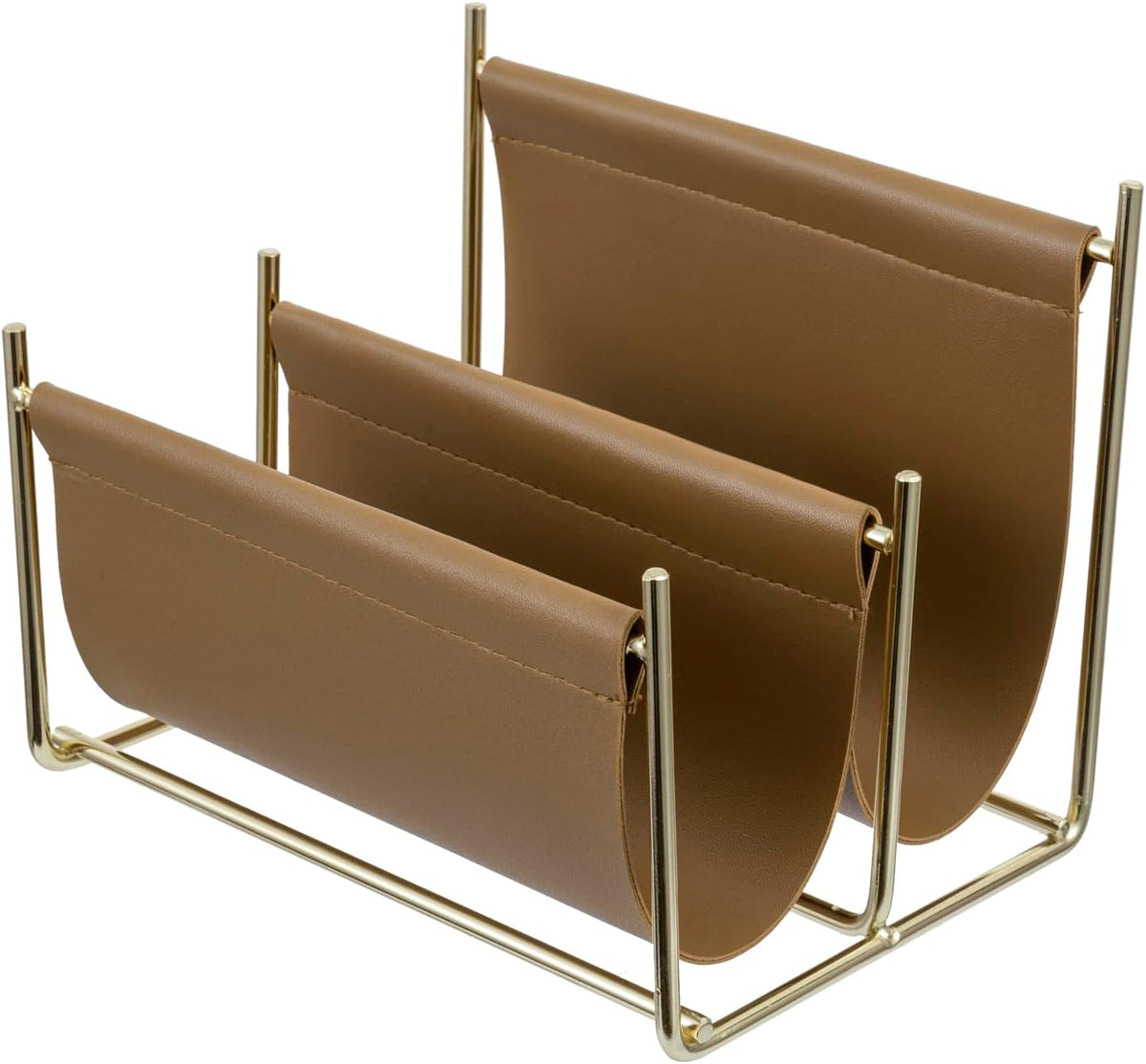 MyGift 2 Slot Modern Mail Holder, Deluxe Brass Tone Metal and Toffee Brown Le...
