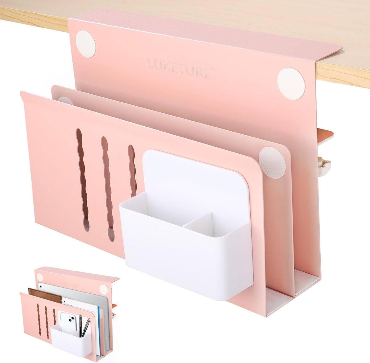 LUKETURE Desk Side Storage, 2 Tie Laptop Holder No Drill Clamp On Organizer