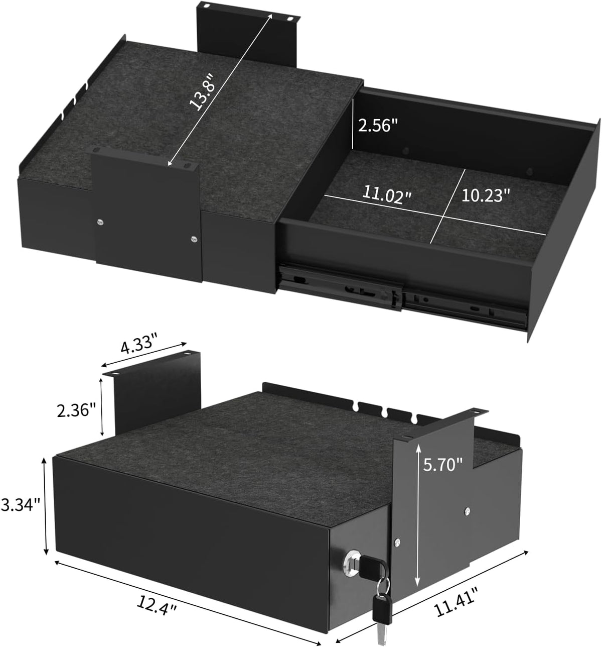 Under Desk Drawer with Lock, 13.8 Inch Slide-Out Metal Storage Drawer,Black