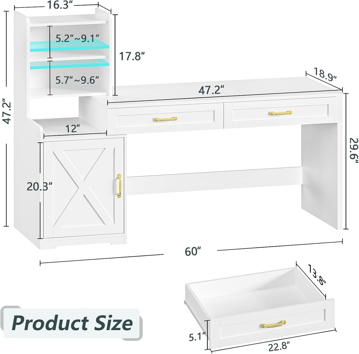 60" White Computer Desk with Drawers & Bookshelves for Bedroom, Home...