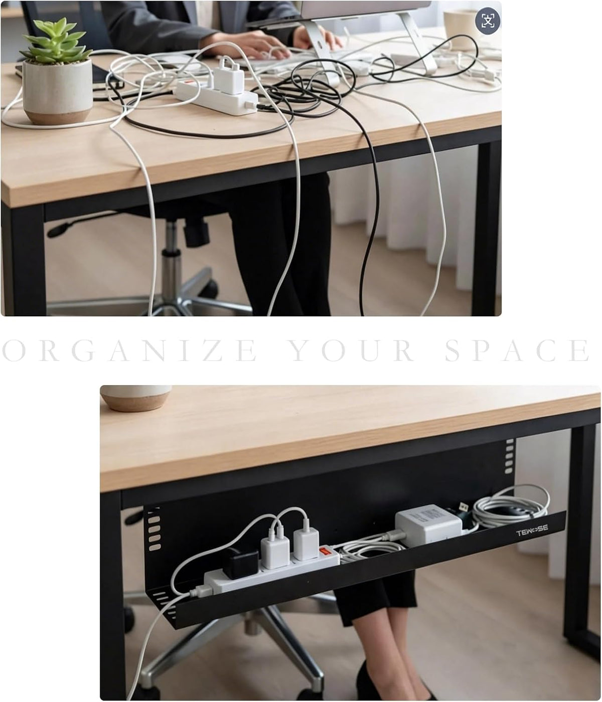2 Pack Under Desk Cable Management Tray, 15.7 inch, Large, Black