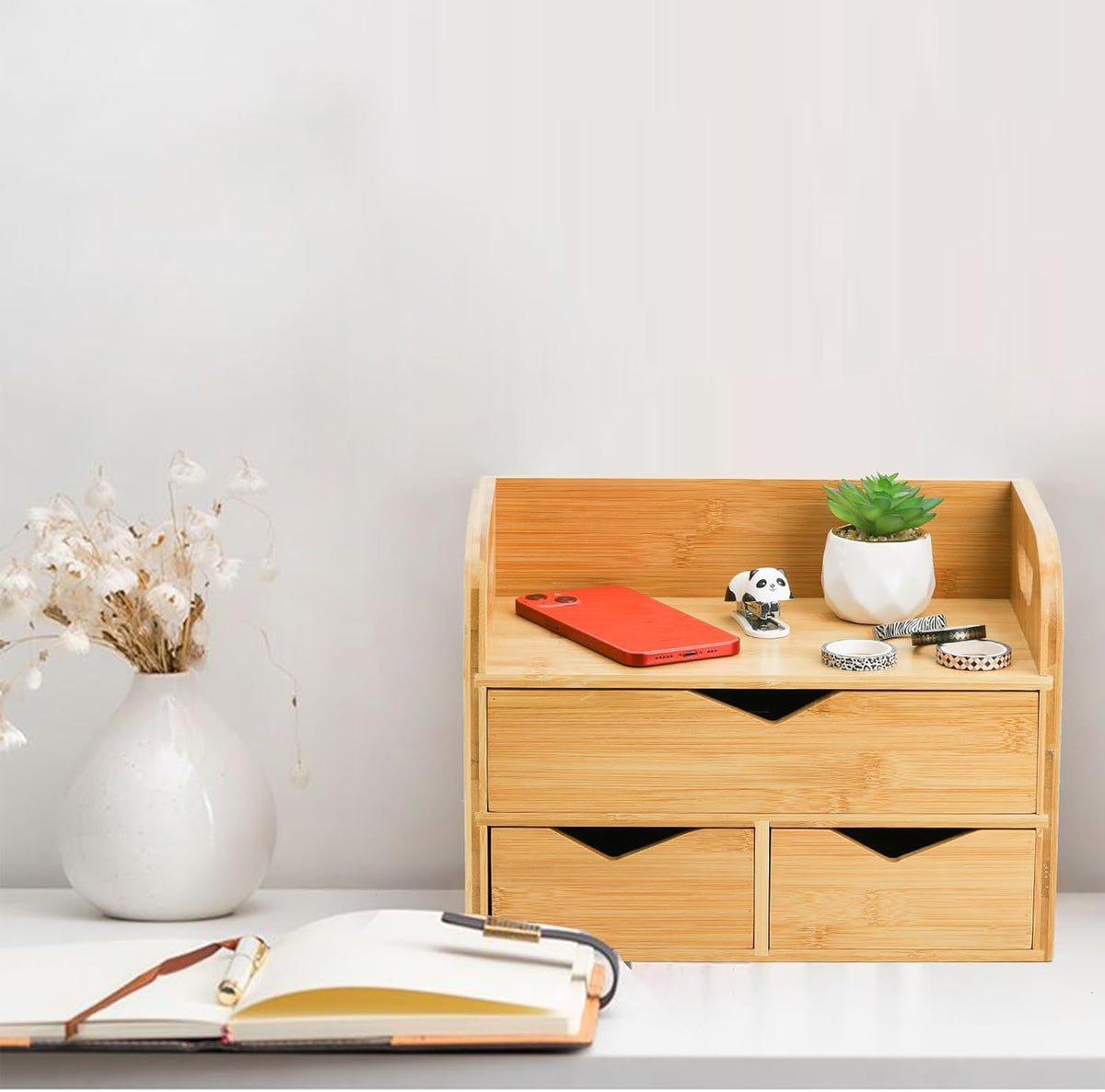 Hacaroa 3 Tier Bamboo Desktop Organizer with 3 Drawers, Tabletop Craft Box Co...