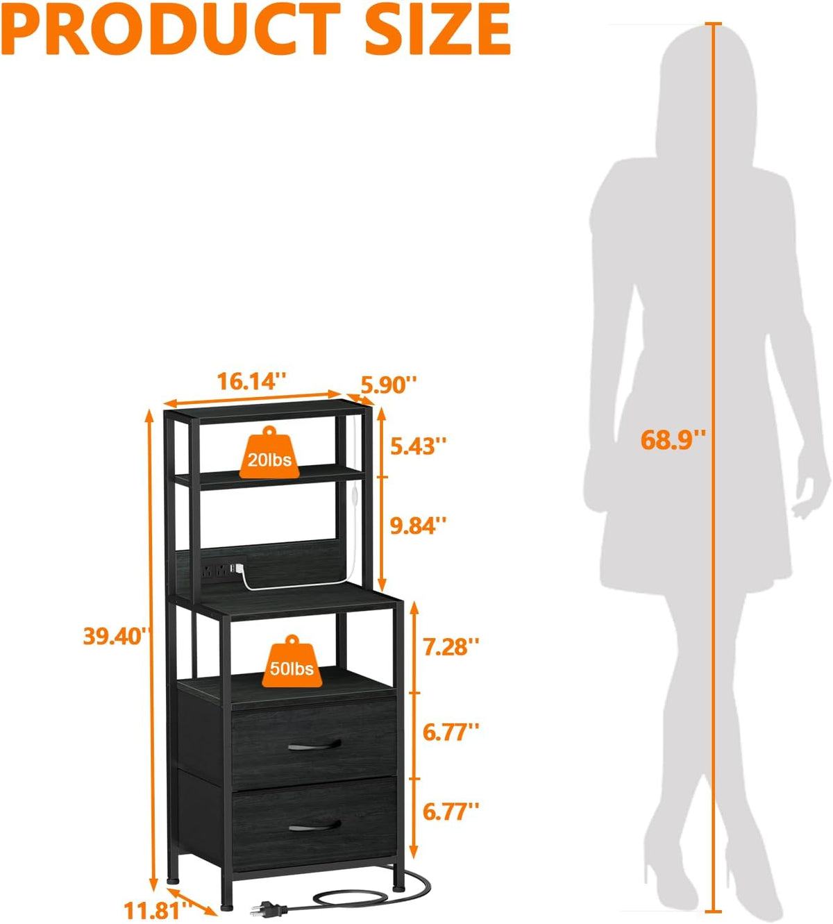 Furnulem Night Stand, Tall Nightstand with 4-Tier Shelves, 2 Fabric Drawers