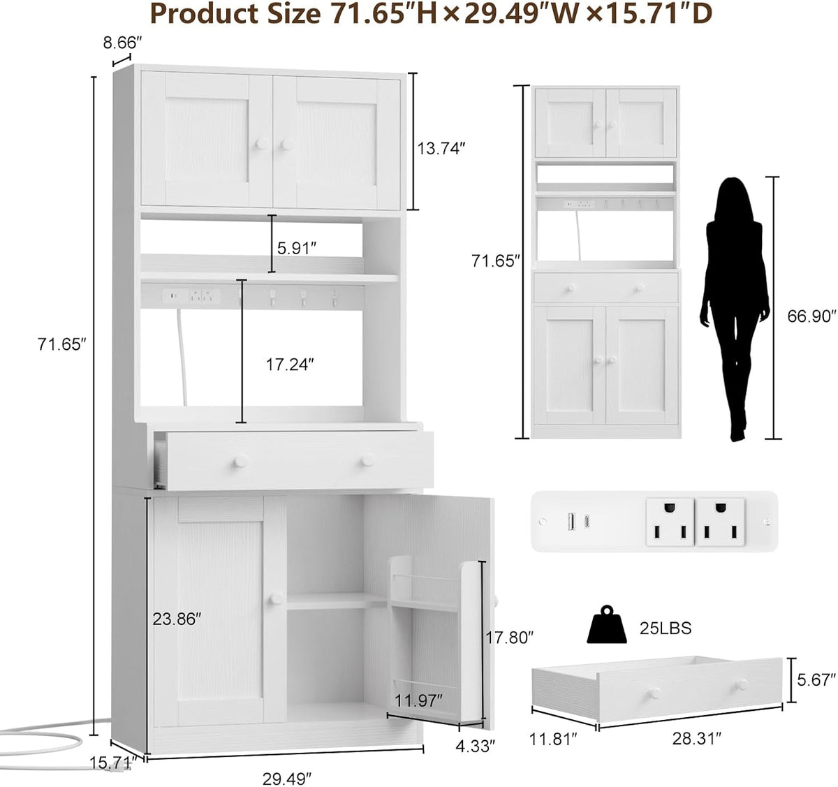 71" Tall Kitchen Pantry Cabinet with Microwave Countertop, LED Lights White