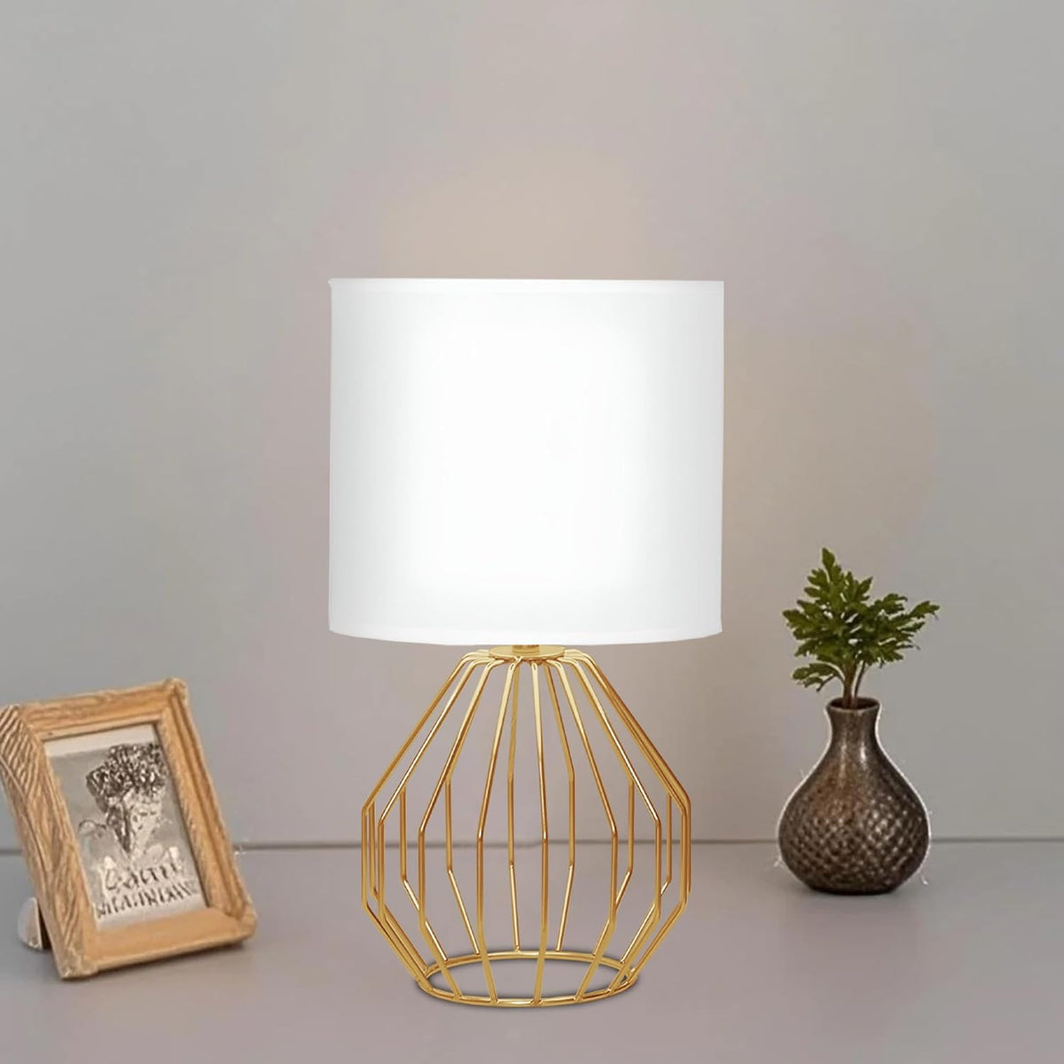 Small Gold Table Lamps, Set of 2 Bedside Nightstand Lamps with White Fabric S...