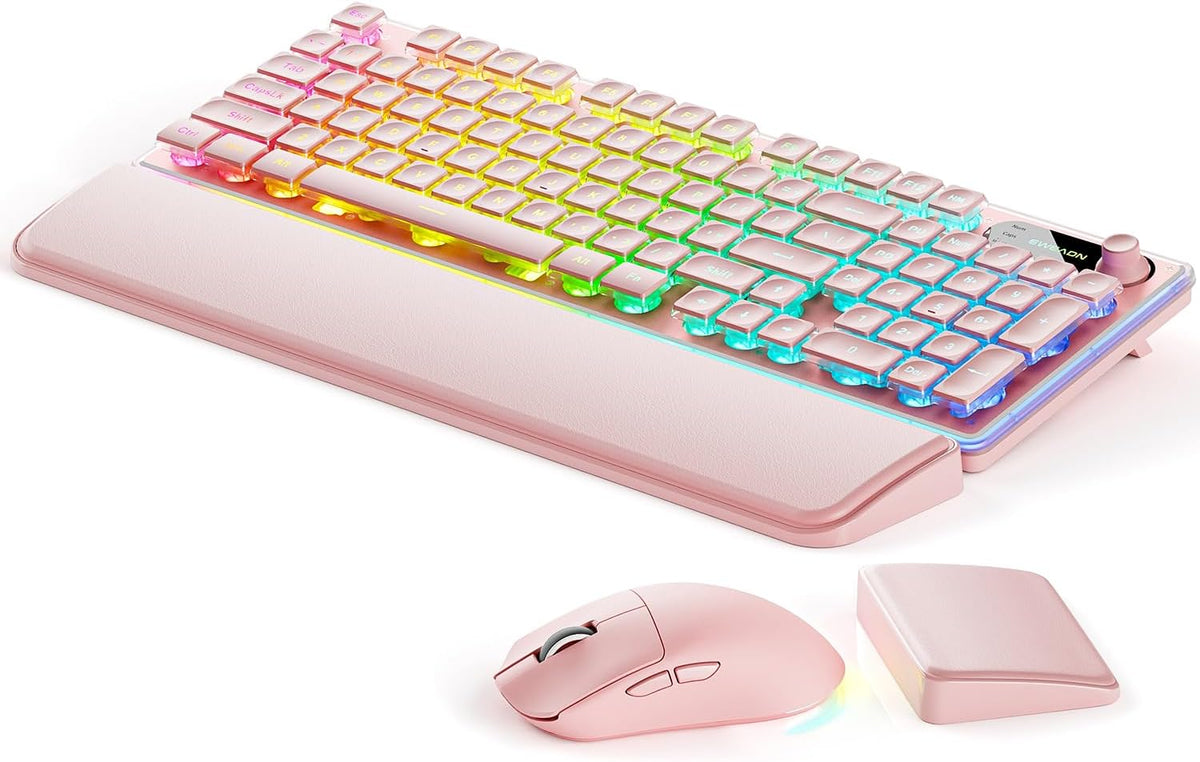 EWEADN V98 Wireless Keyboard and Mouse Combo with Dual Wrist Rest, Pink