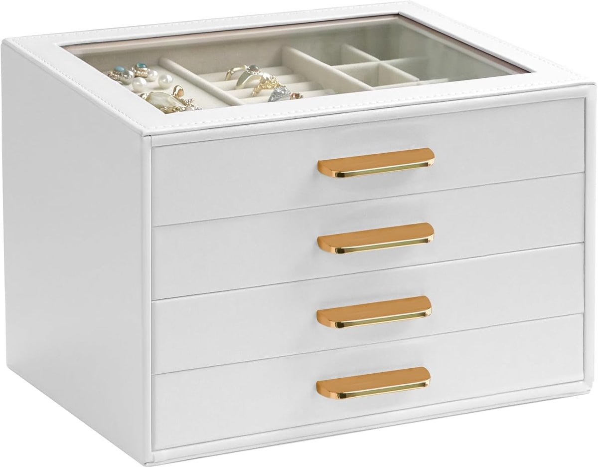 Homeanda Jewelry Boxes Organizer with Glass Lid, 4-Layer PU Leather, White