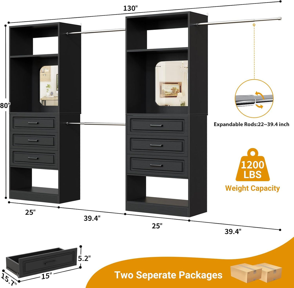 Unikito 6-14FT Wood Closet System with 6 Drawers and Mirror, Black