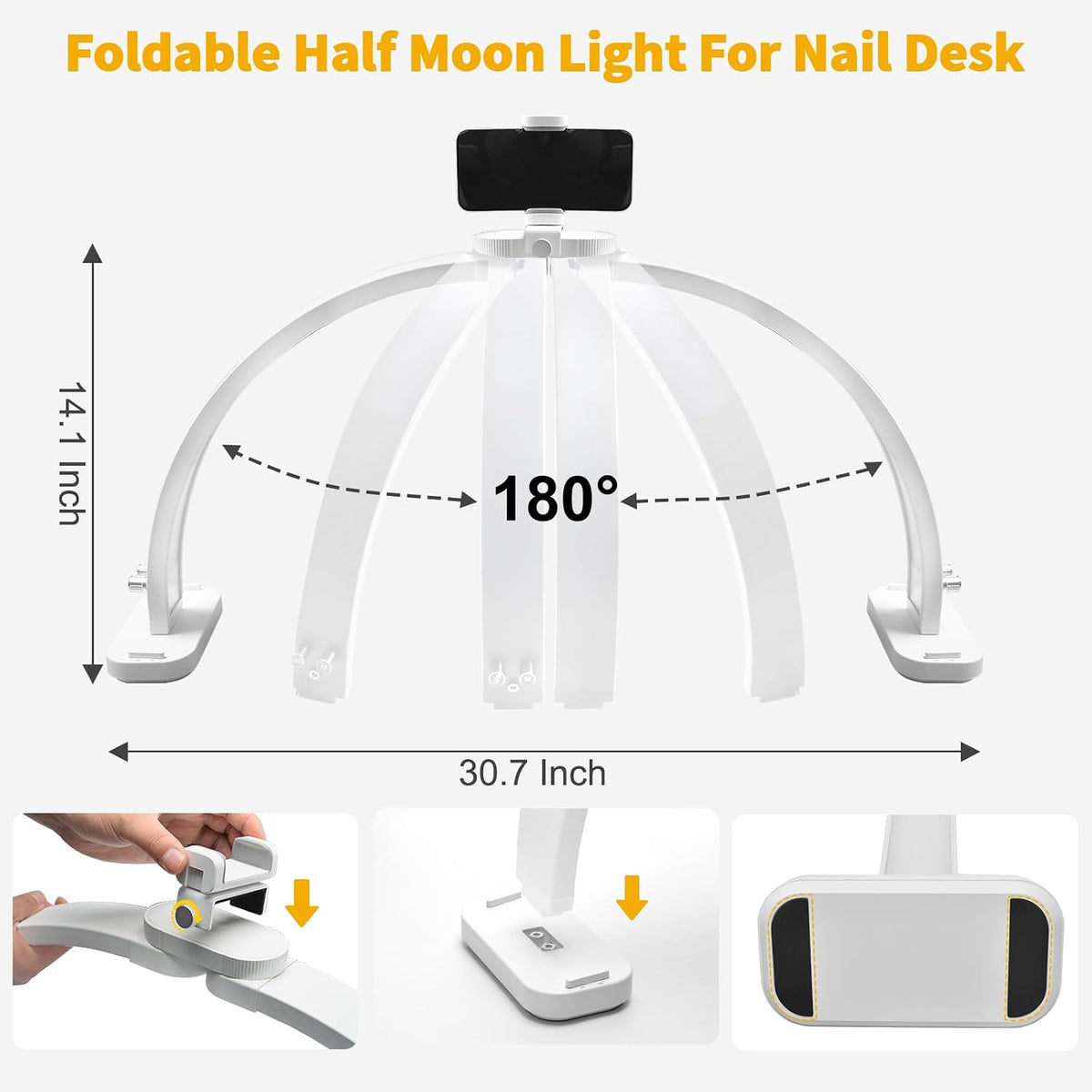 CGBE Nail Tech Light: 30.7" Half Moon Nail Desk Lamp with Phone Holder