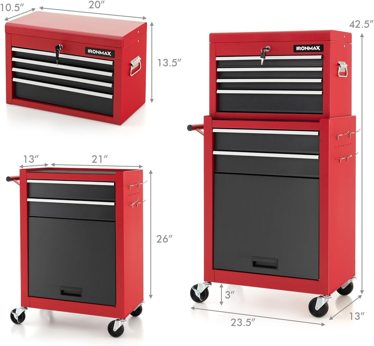 ERGOMASTER Rolling Tool Chest Cabinet Big Capacity Storage with Wheels and Lo...