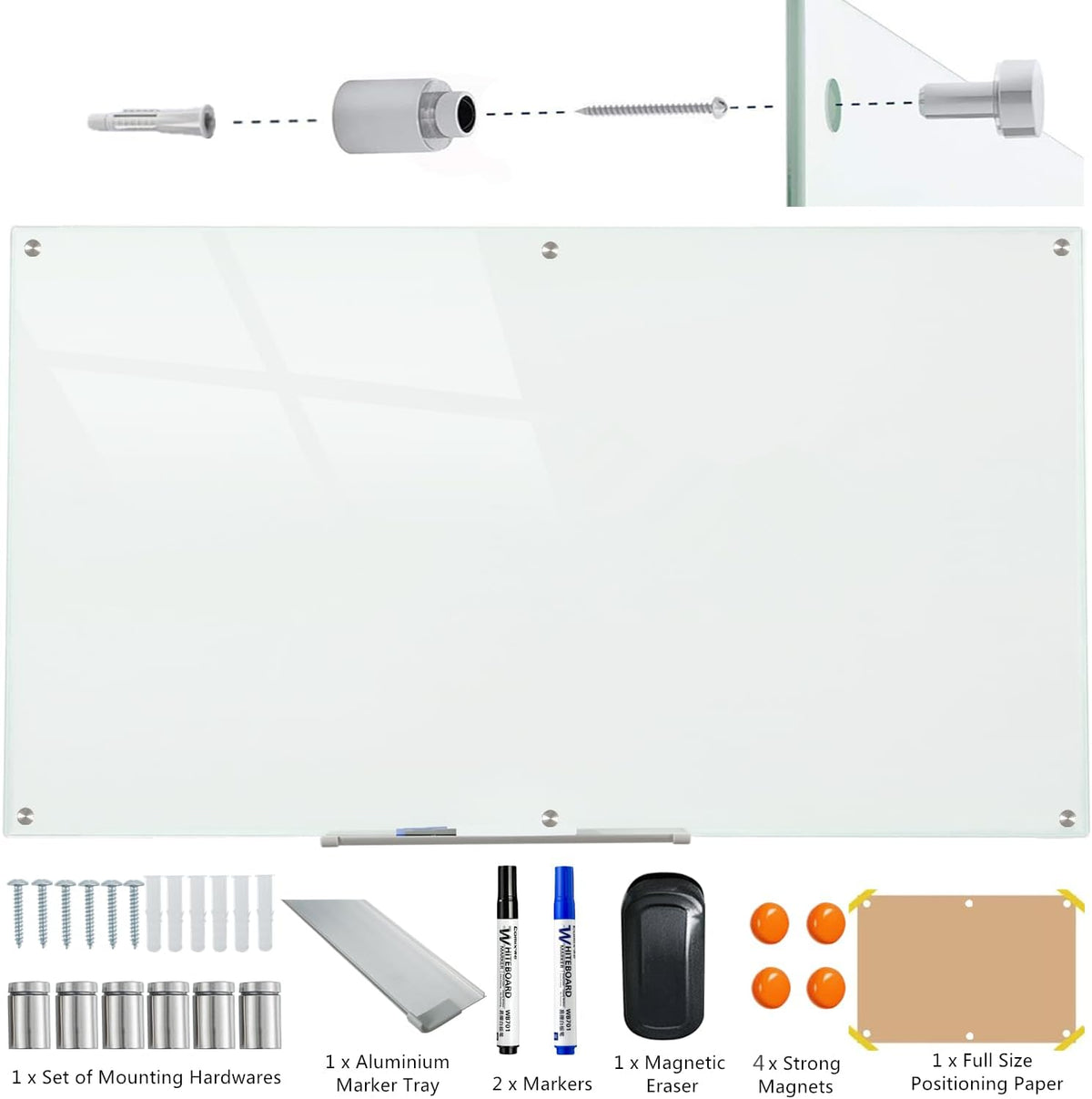 Glass Whiteboard Magnetic Dry Erase Board 6' x 3' for Wall
