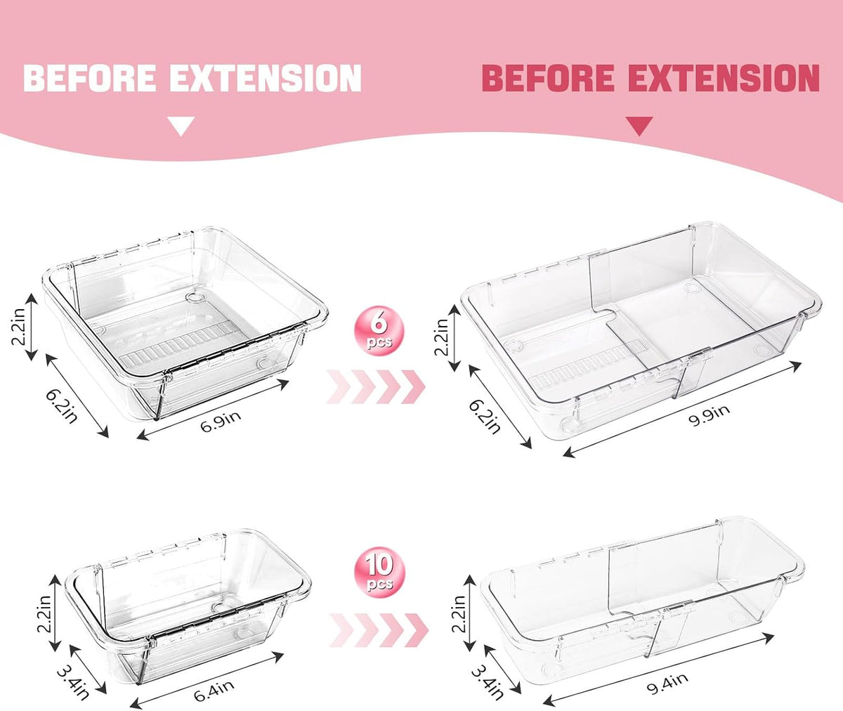 16 PCS Extendable Drawer Organizer Set Clear Stackable Vanity Storage Bins