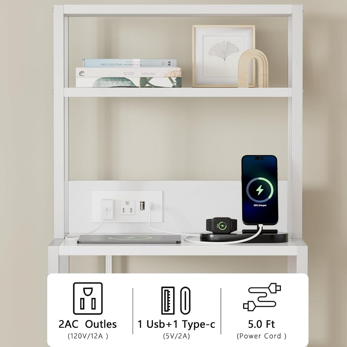 Furnulem Tall Night Stand, White Bedside Nightstand with Charger Station