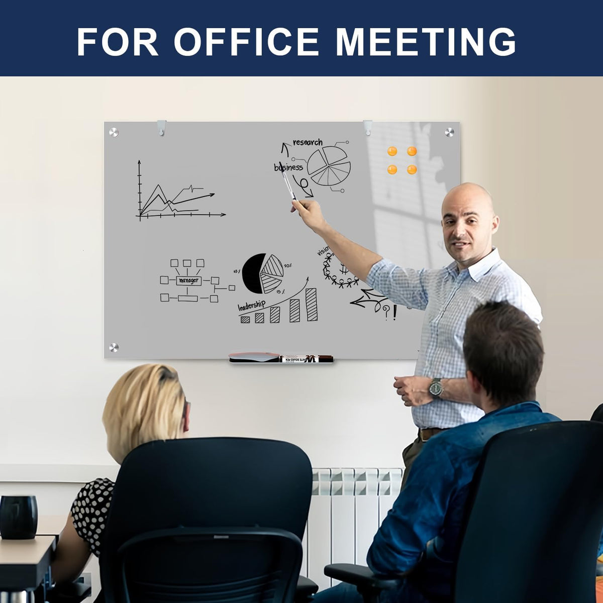 TSJ OFFICE White Board for Wall - 36" x 24" Gray Glass Board 3 X 2 FT