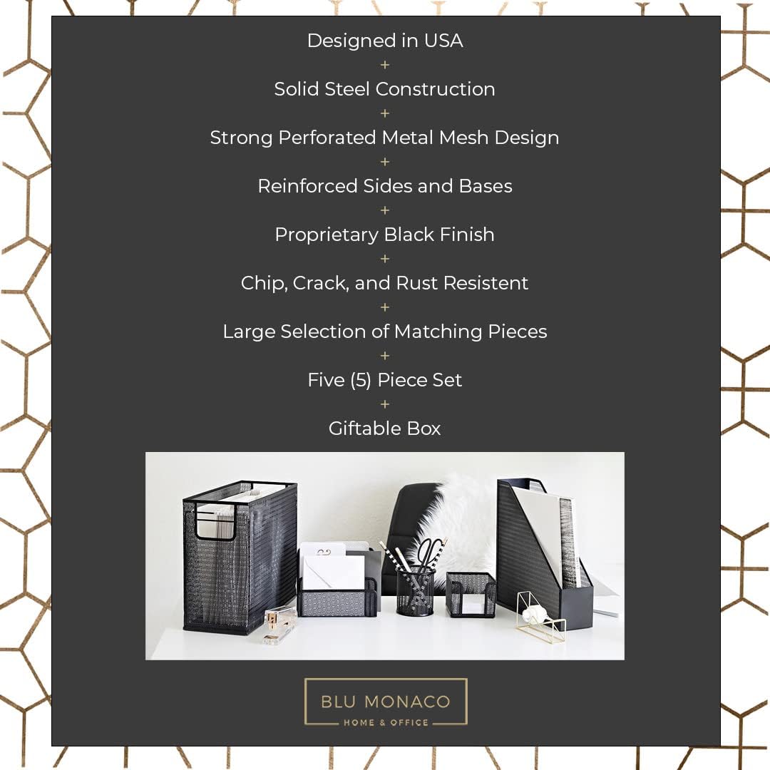 BLU MONACO Black Desk Organizer Set | 5-Piece Metal Office Supplies Collectio...