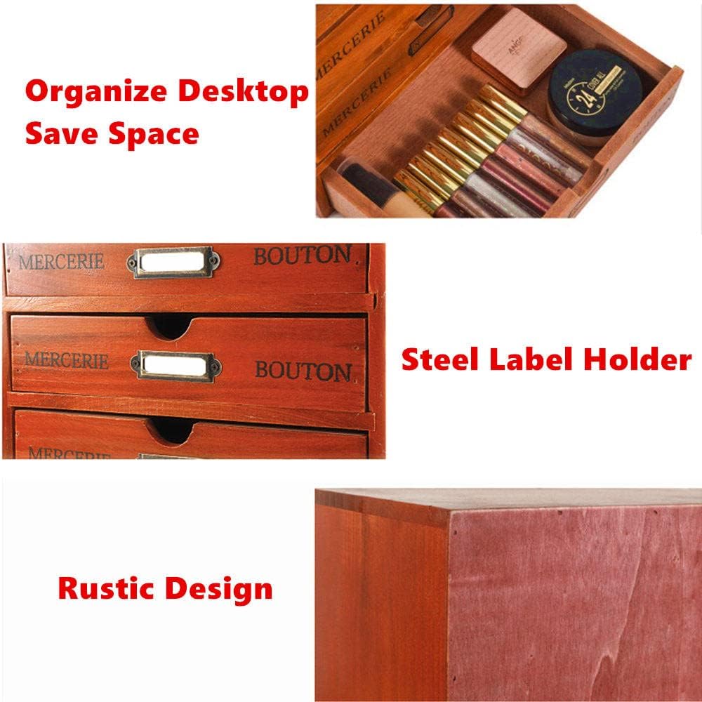 Wooden Storage Box Rustic Desktop Organizer with Drawers/Labels 4 Tier Office...