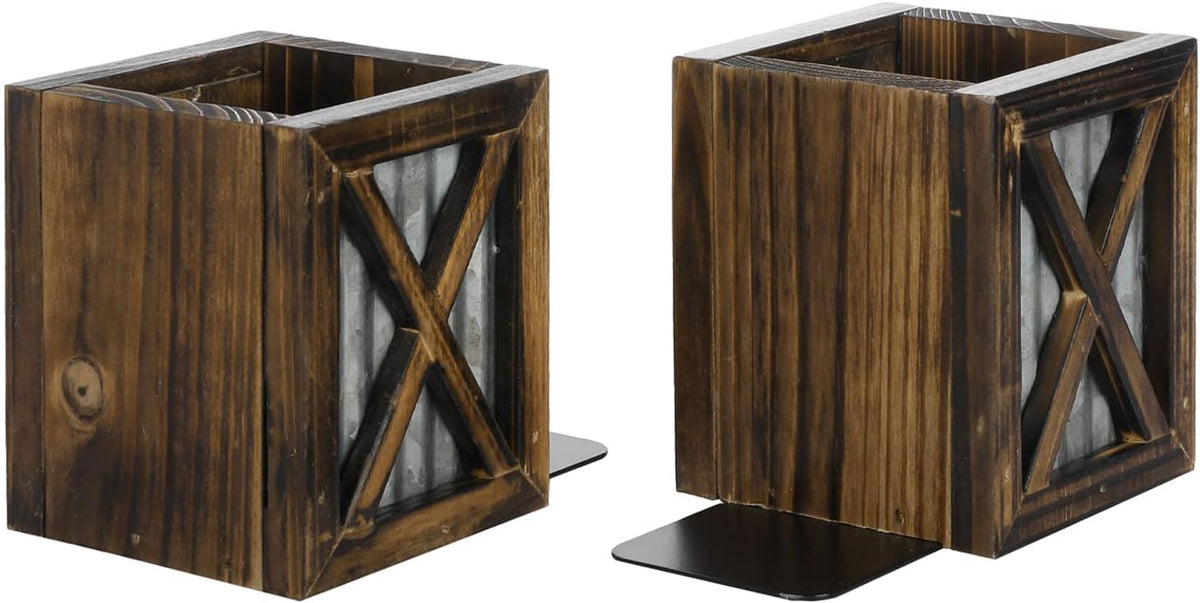 MyGift Rustic Bookends with Pen Holder, Wood & Metal Desk Organizer
