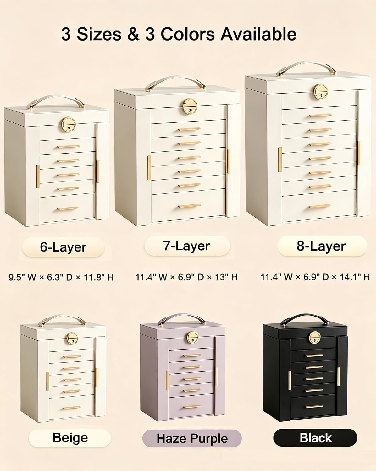 Lolalet Large Jewelry Box, 8-Layer Jewelry Organizer with 7 Drawers -Beige