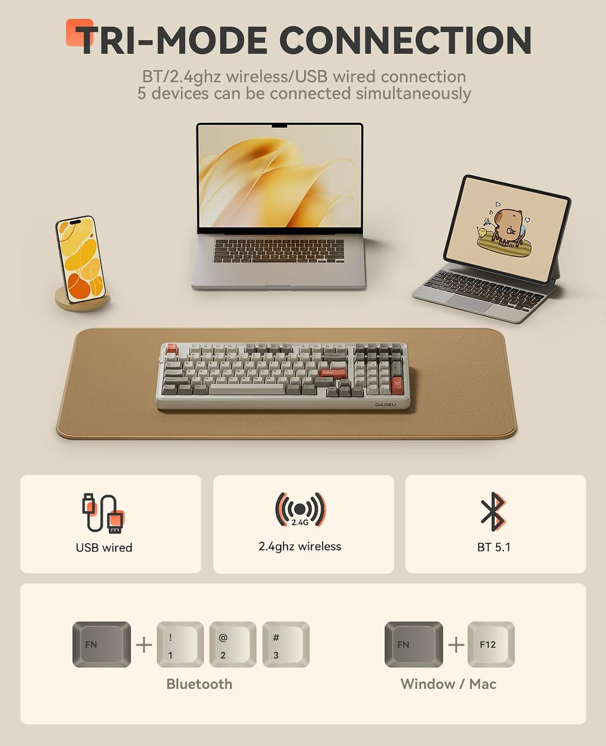 DAREU EK98pro Wireless Mechanical Keyboard,Tri-Mode BT/2.4GHz/USB-C Creamy Ga...