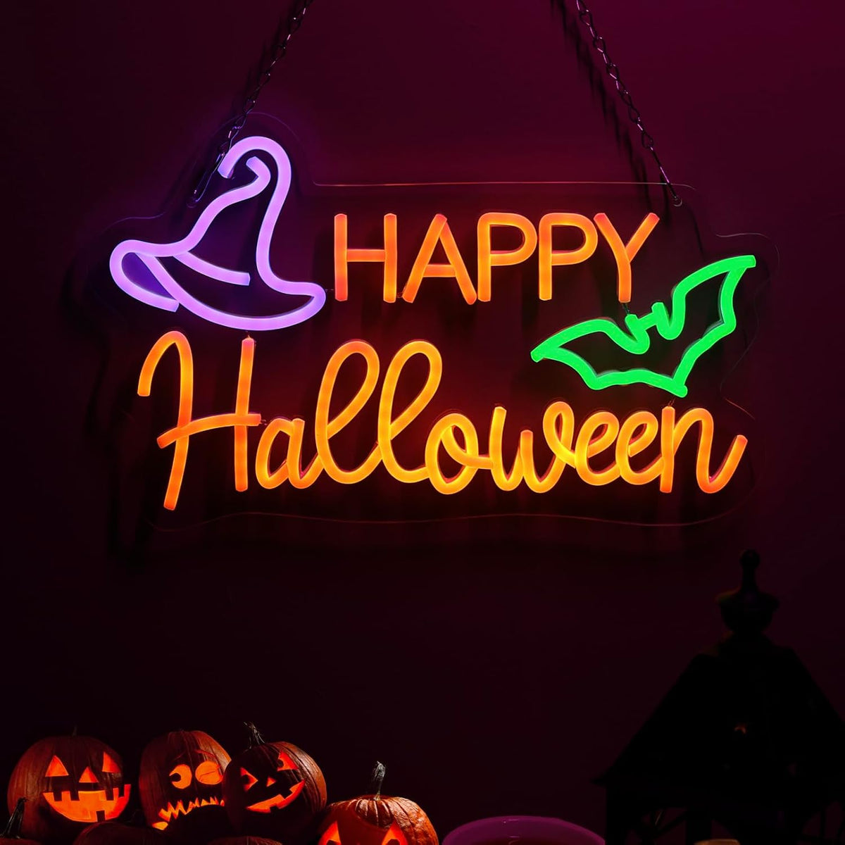 Qmetalart Happy Halloween Neon Sign, USB Powered LED Wall Decor