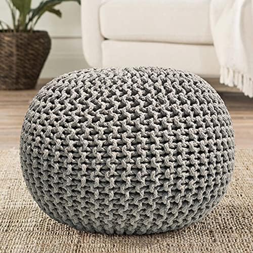 FRELISH DECOR Round Pouf Ottoman (20 Diameter x 14 Height) Light Grey