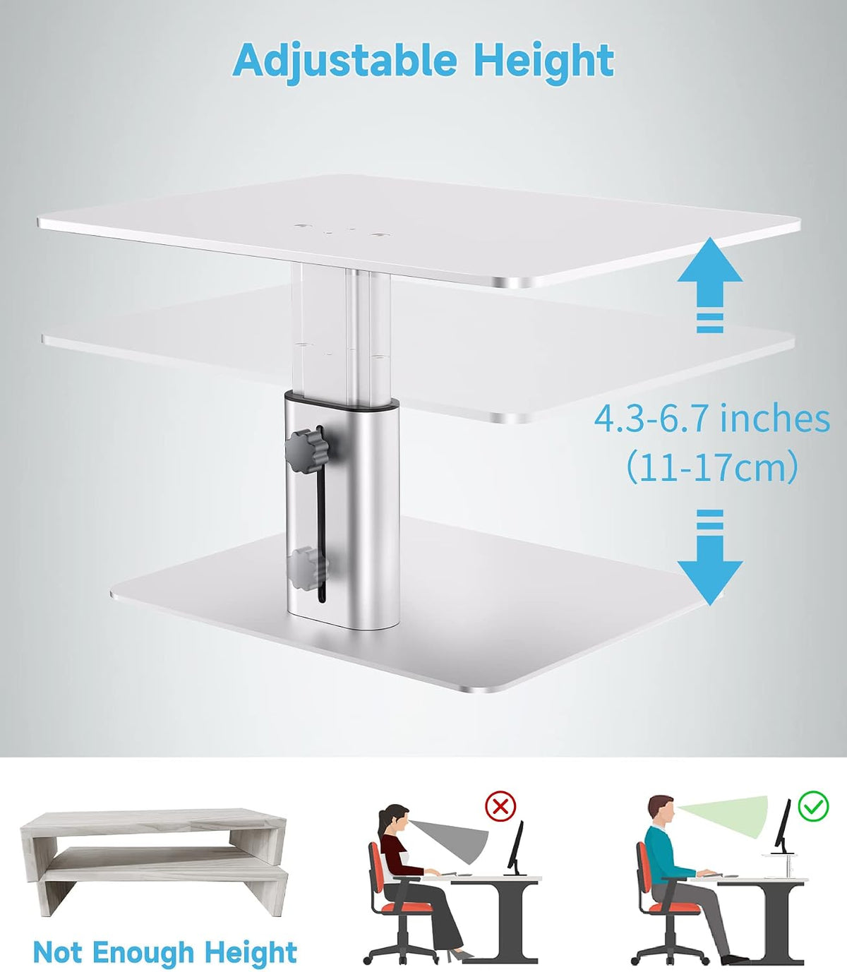 BoYata Monitor Stand, Adjustable Height Metal Desktop Riser, Silver