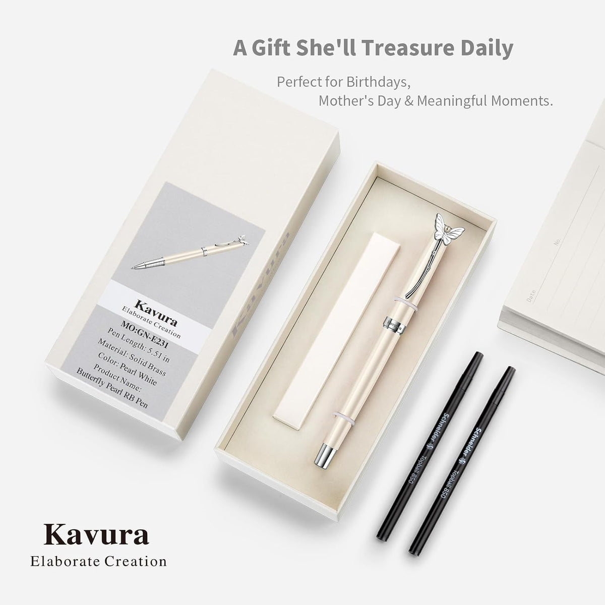 Butterfly & Pearl Rollerball Pen Gift Set for Women,Pearl White