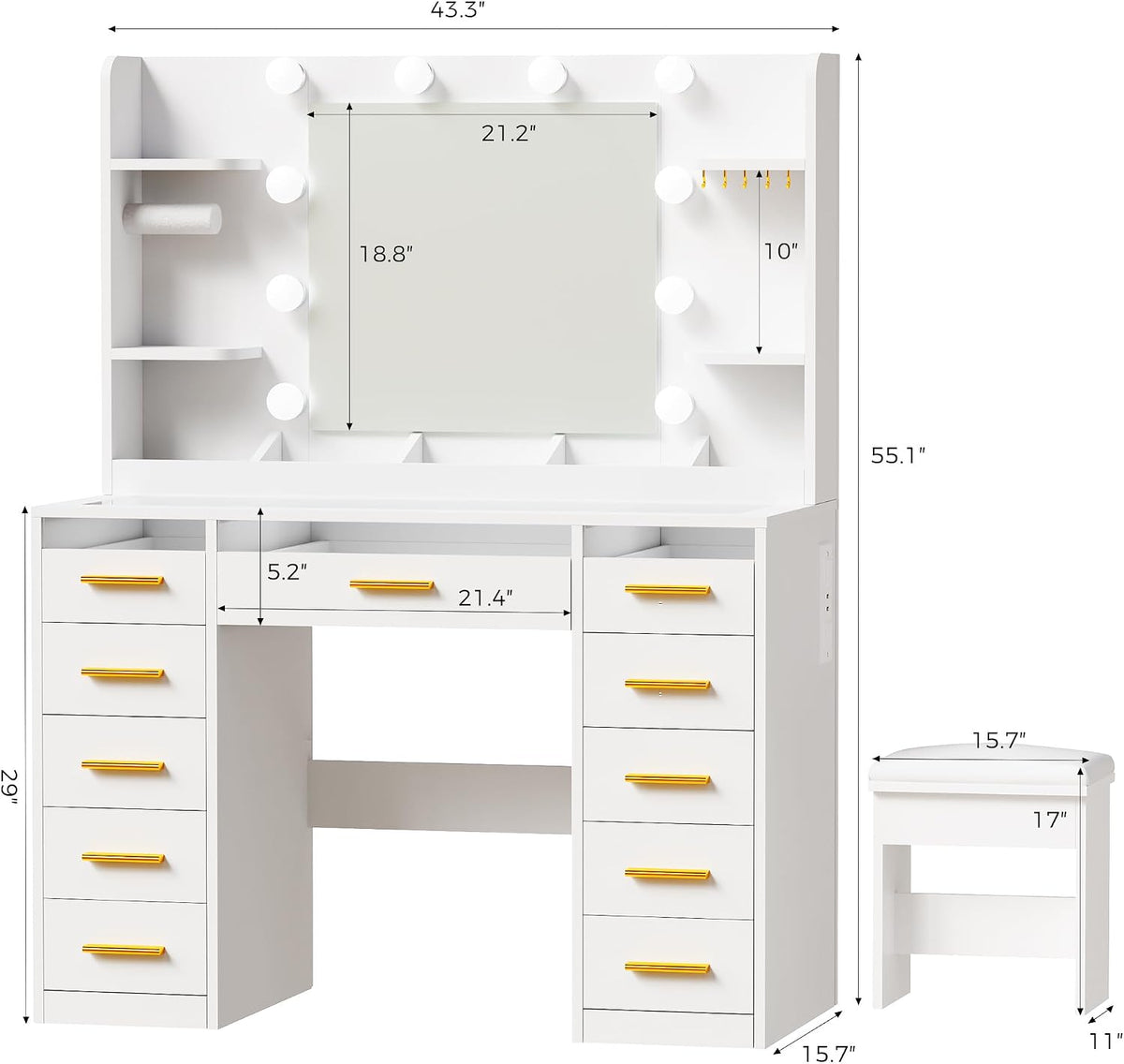 Large Makeup Vanity with Mirror and Lights, 11-Drawer RGB Vanity