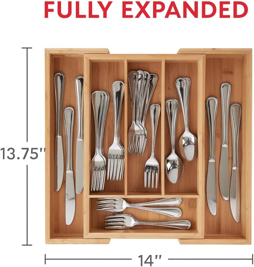 HIC Kitchen Expandable 6-Slot Silverware Cutlery Utensil Storage Tray, Natura...