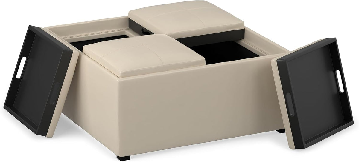 SIMPLIHOME Avalon 35" Wide Vegan Leather Square Storage Ottoman in Cream