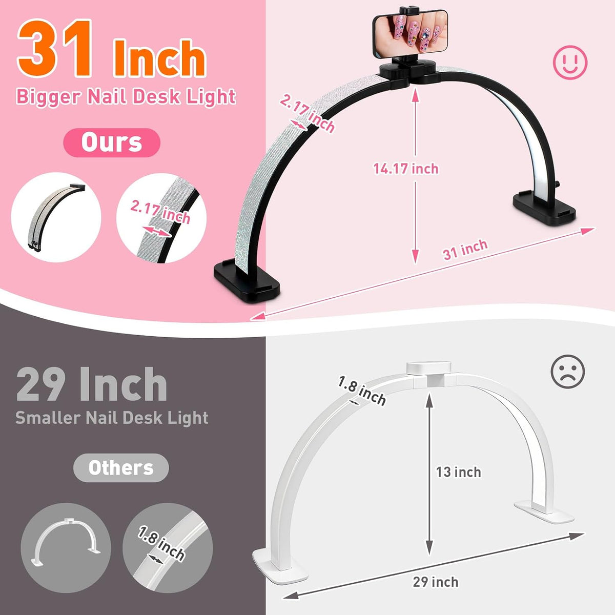 HITTI Super Large 31in Half Moon Light for Nail Desk, Crystal Diamond Black