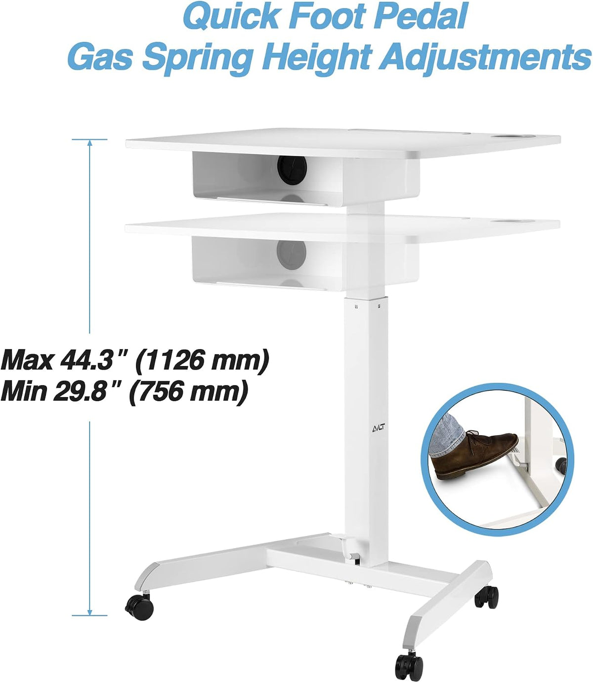 AVLT 44" Height Adjustable Foot Pedal Rolling Desk with Shelf White
