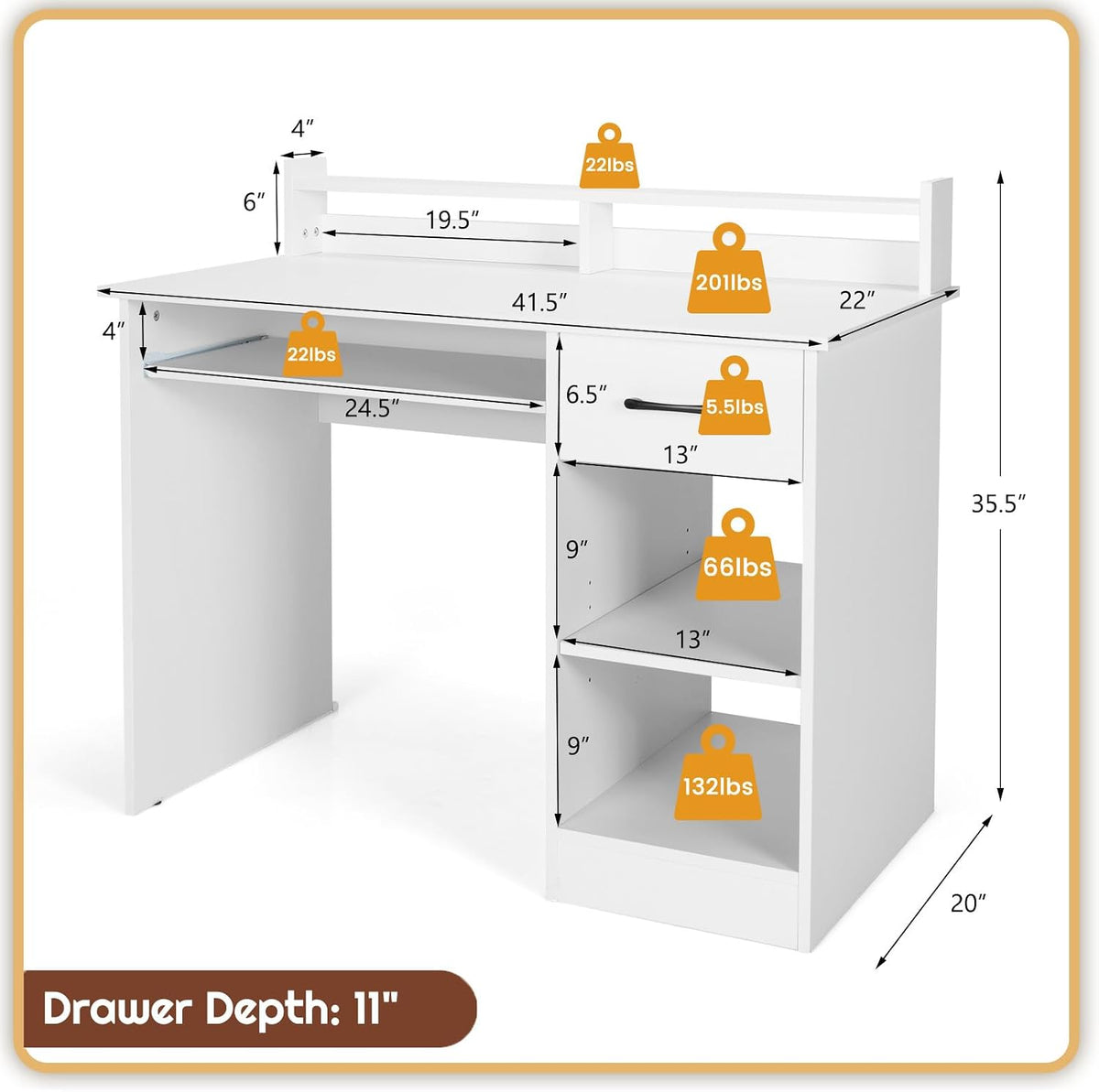 Computer Desk with Hutch & Keyboard Tray, Home Office Workstation with Dr...