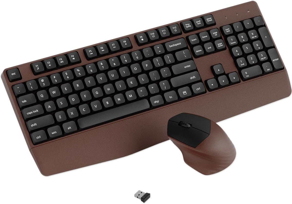 Ergonomic Wireless Keyboard and Mouse Combo with Wrist Rest (Black Coffee)