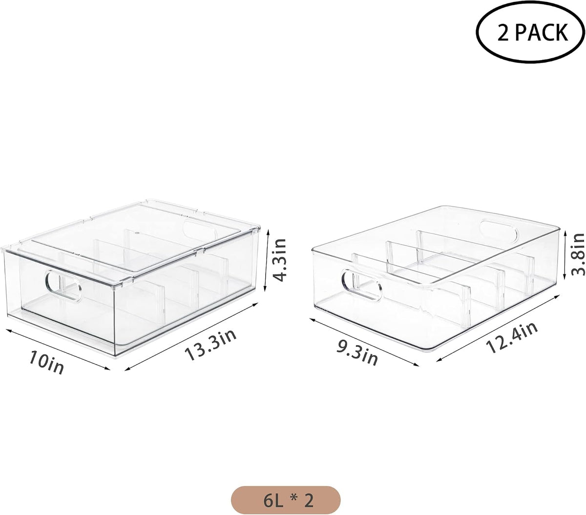 2Pack Stackable Fridge Drawers Pull-Out Bins Divided Produce Saver Containers...