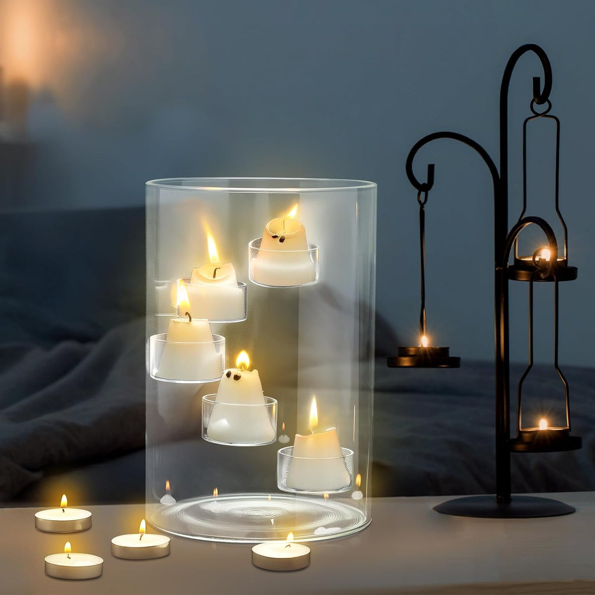 Reallnaive Halloween Glass Hurricane Candle Holder with Candles and Tea Light...