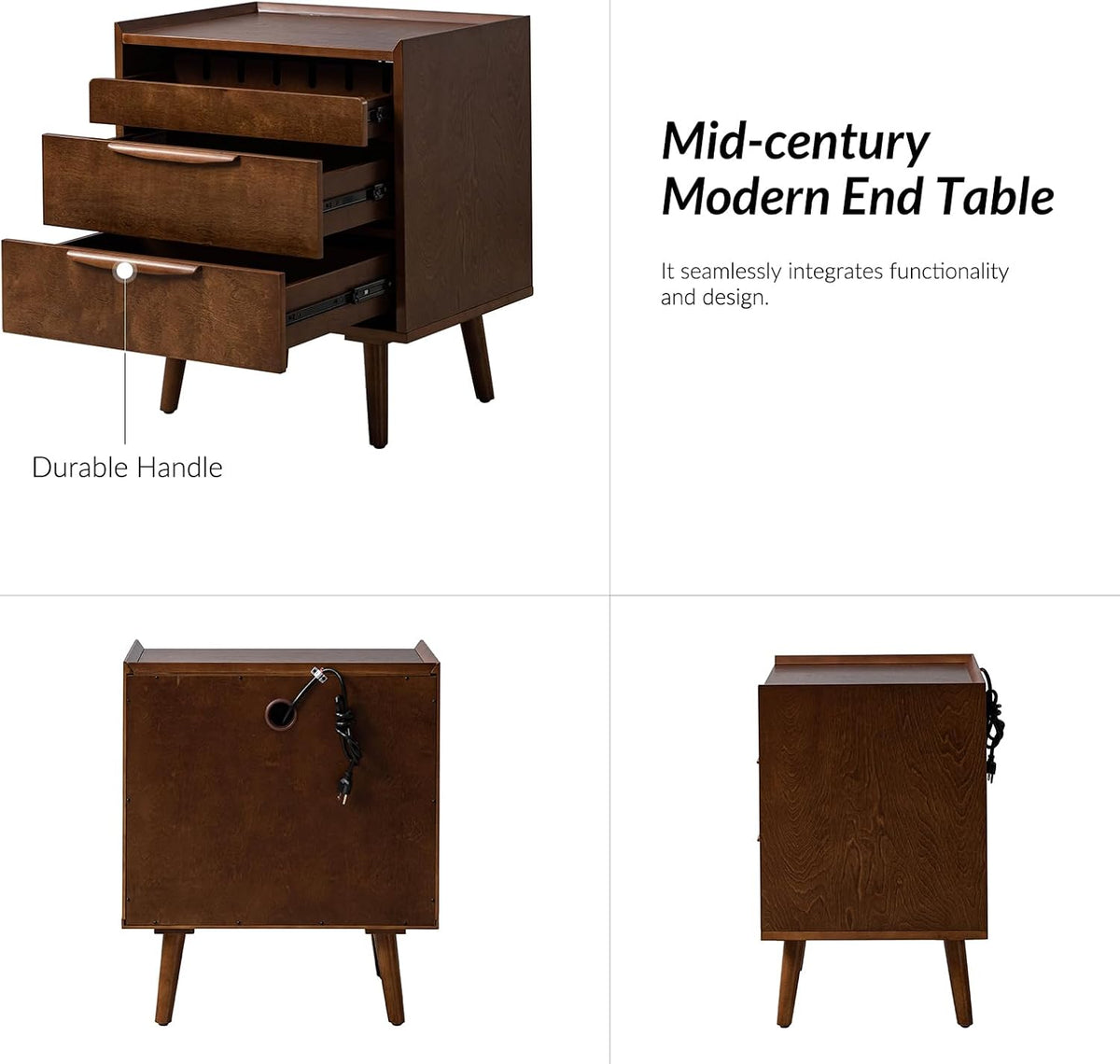 HULALA HOME 2-Drawer End Table with Charge Station, Set of 2 Walnut