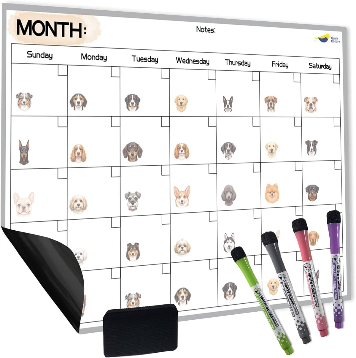 Large Magnetic Puppy Dog Calendar for Fridge, 17x12" Monthly