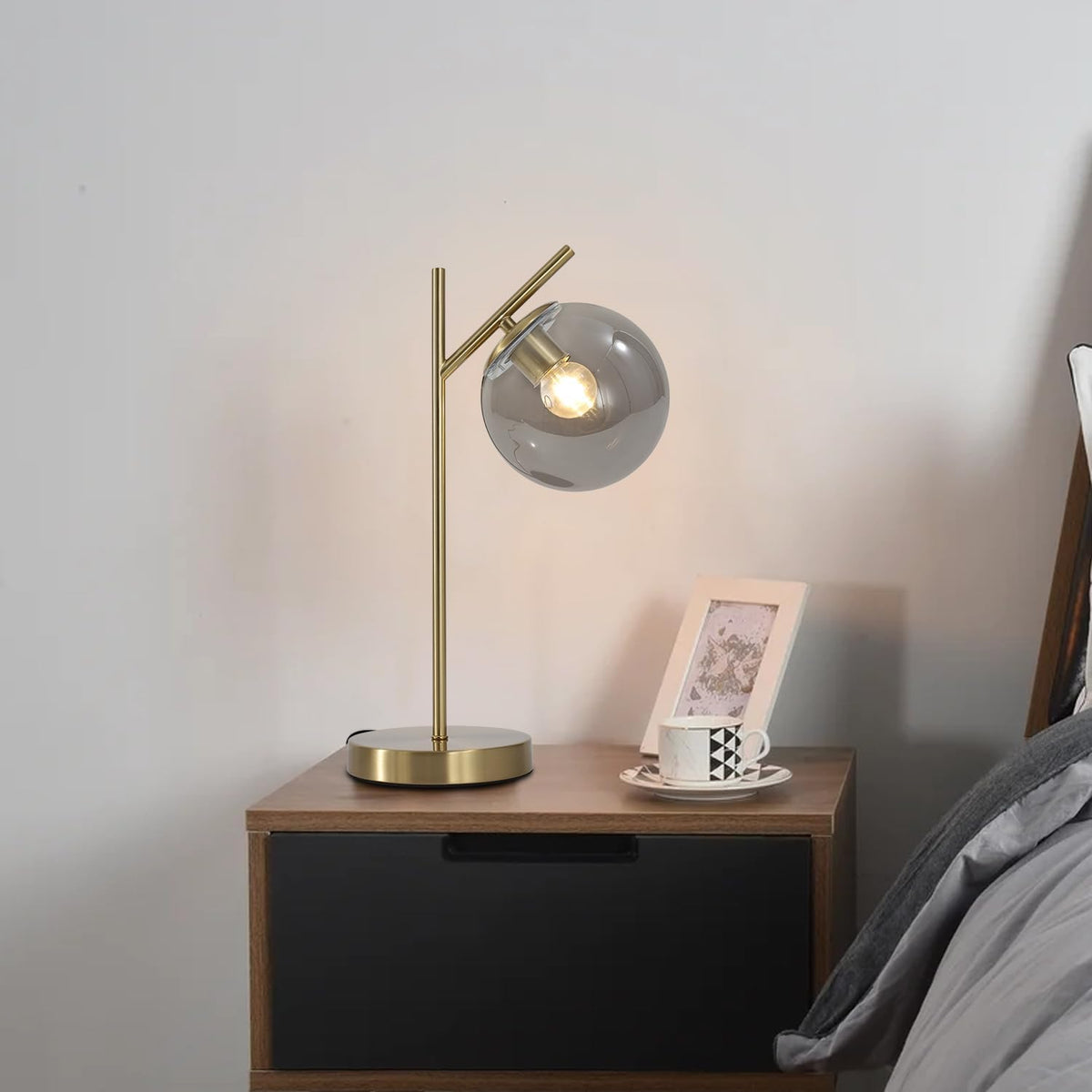 Mid Century Desk Lamp, Glass Globe Table Lamp with Gray Glass lampshade, Gold...