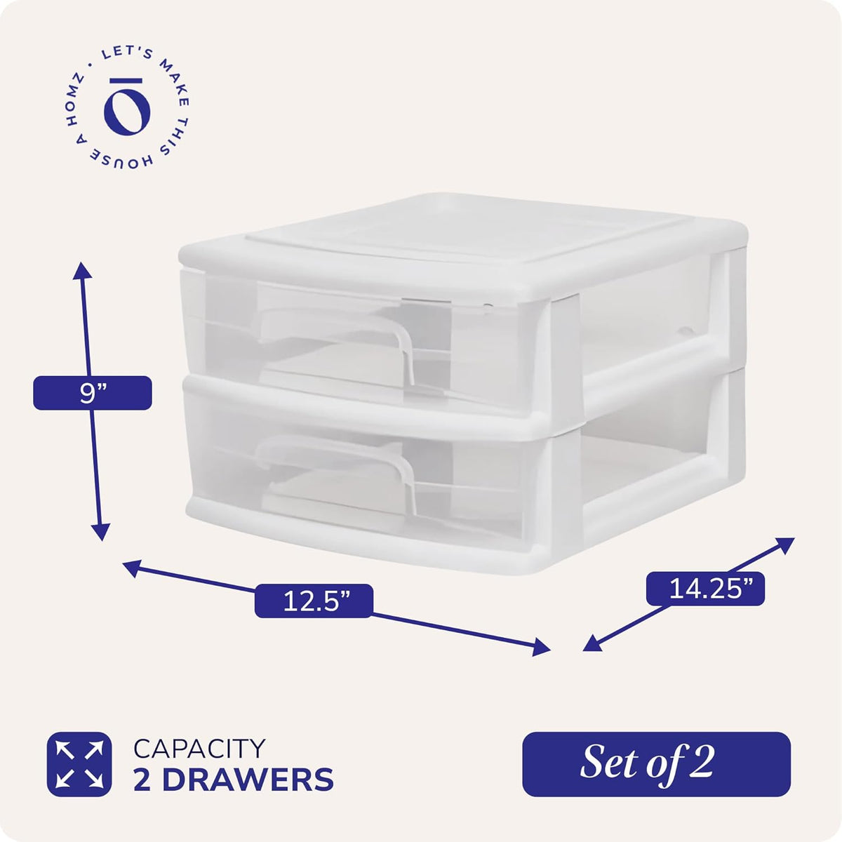 HOMZ 2 Drawer Storage Cart, Wide Plastic Container, White Frame, 2 Pack